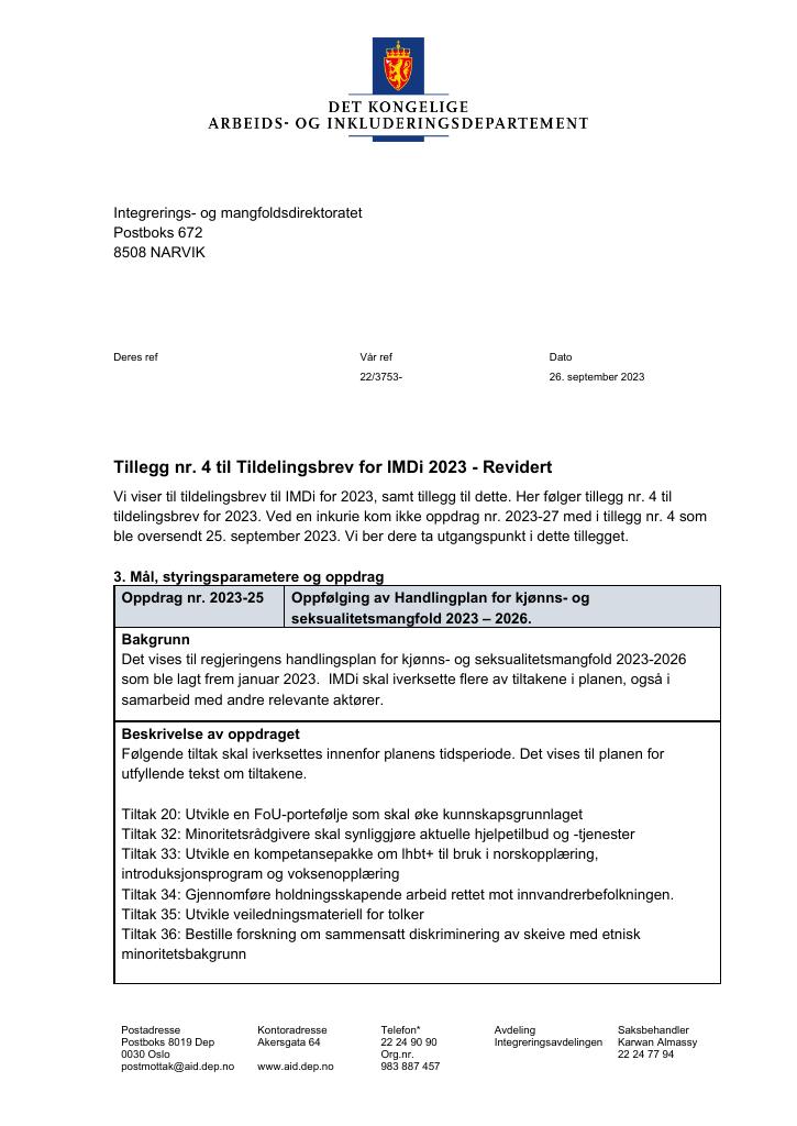 Forsiden av dokumentet Tildelingsbrev Integrerings- og mangfoldsdirektoratet (IMDi) 2023 - tillegg nr. 4