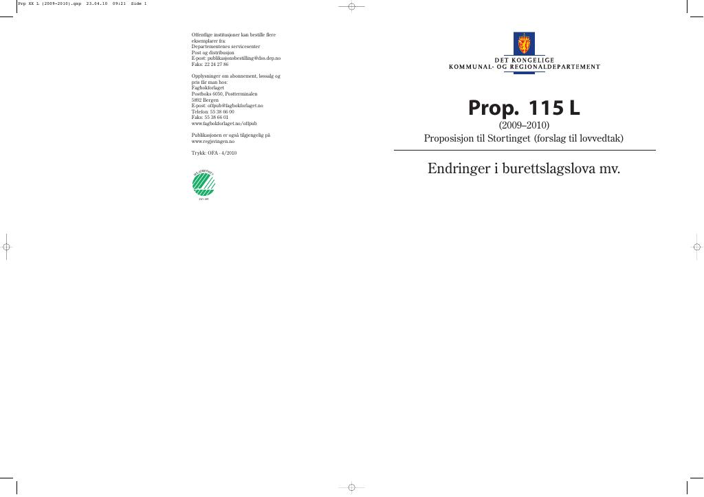 Forsiden av dokumentet Prop. 115 L (2009-2010)
