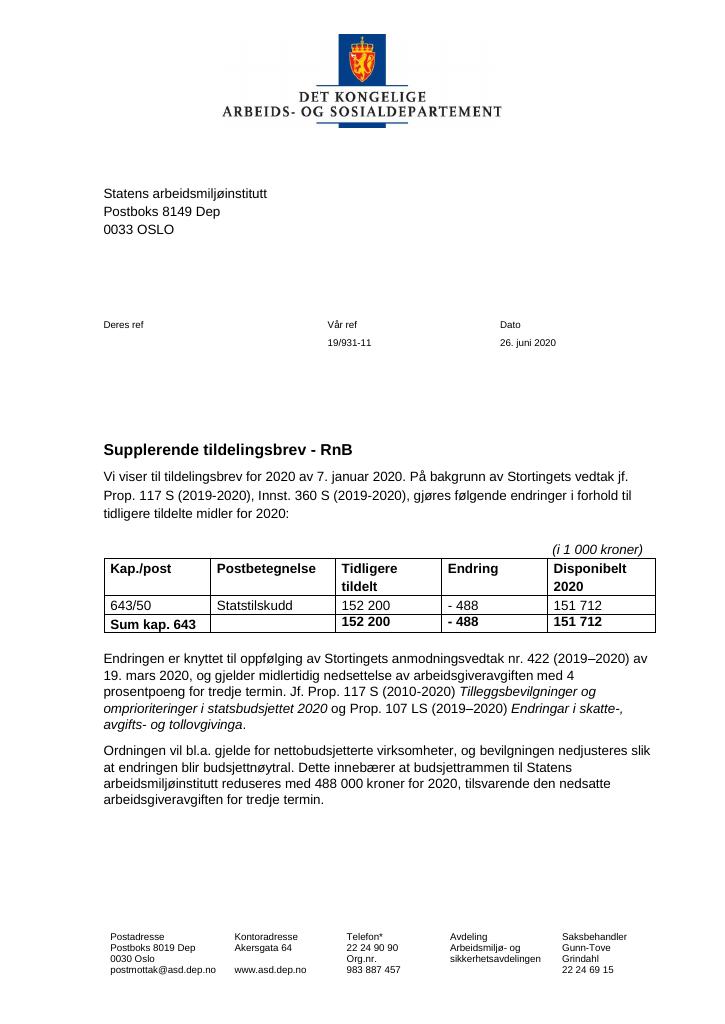 Forsiden av dokumentet Tildelingsbrev Statens arbeidsmiljøinstitutt 2020 - tillegg nr. 1