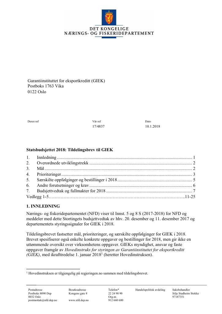 Forsiden av dokumentet Tildelingsbrev Garantiinstituttet for eksportkreditt (GIEK) 2018