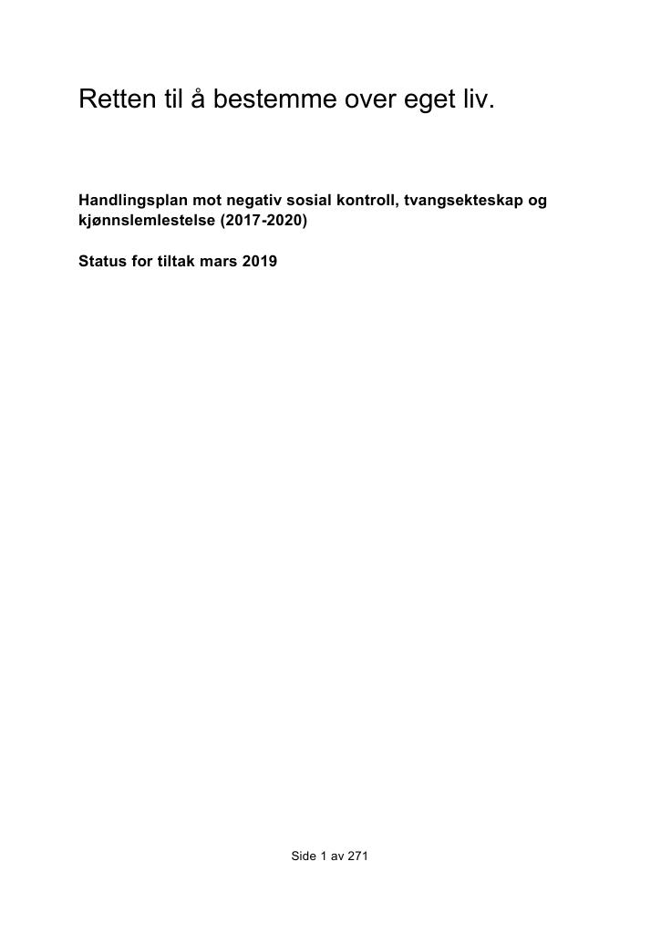 Forsiden av dokumentet Handlingsplan mot negativ sosial kontroll, tvangsekteskap og kjønnslemlestelse (2017-2020)