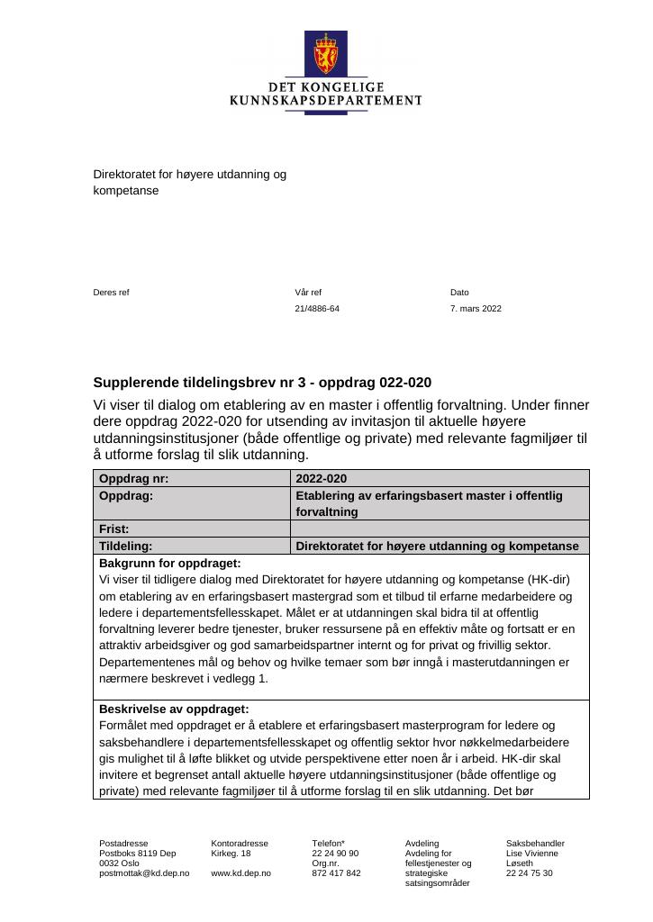 Forsiden av dokumentet Tildelingsbrev Direktoratet for høyere utdanning og kompetanse 2022 - tillegg nr. 3