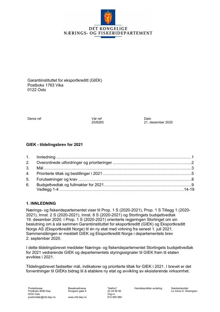 Forsiden av dokumentet Tildelingsbrev Garantiinstituttet for eksportkreditt 2021