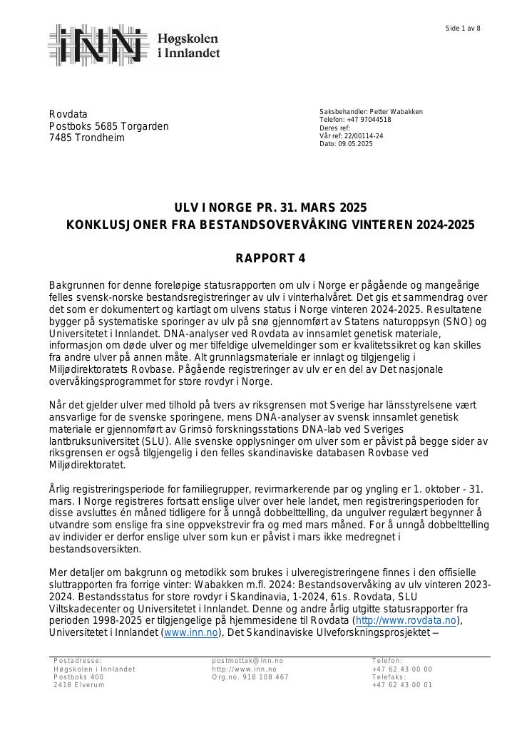 Forsiden av dokumentet Ulv i Norge pr. 31. mars 2025