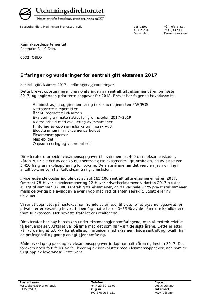 Forsiden av dokumentet Erfaringer og vurderinger for eksamen 2017