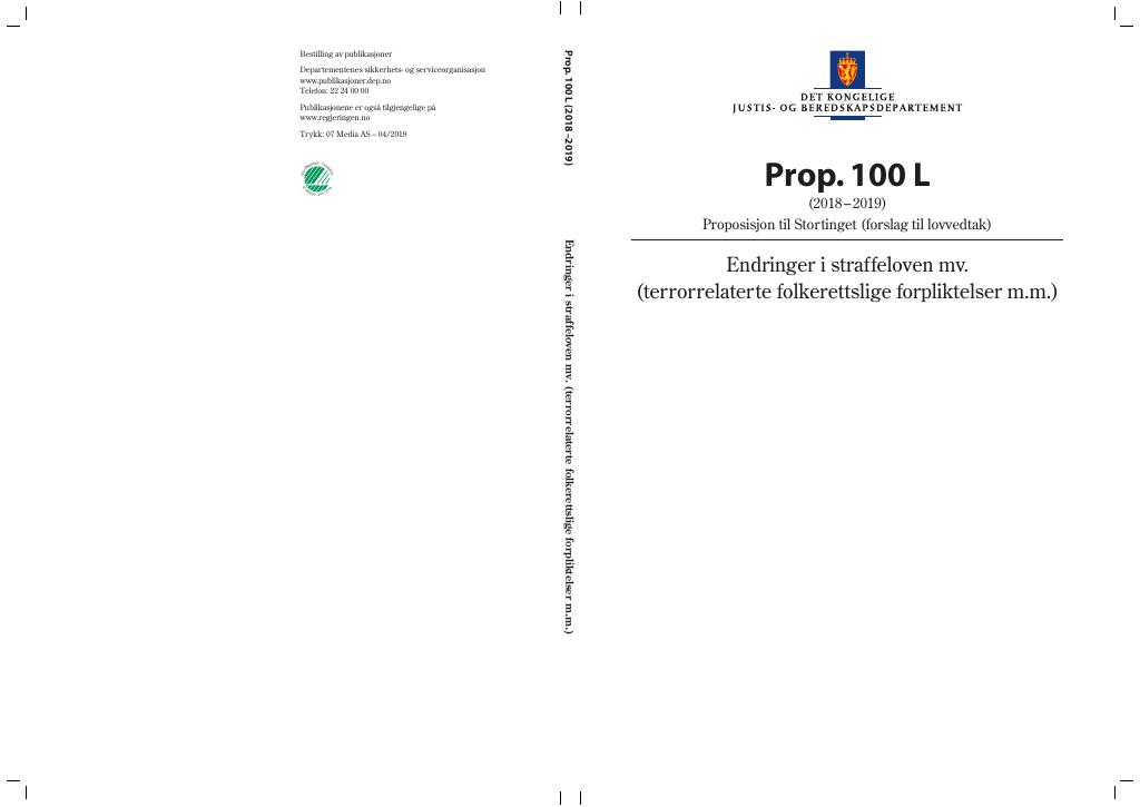 Forsiden av dokumentet Prop. 100 L (2018–2019)