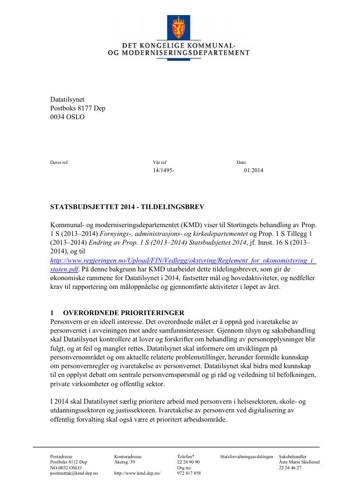 Forsiden av dokumentet Tildelingsbrev (pdf)