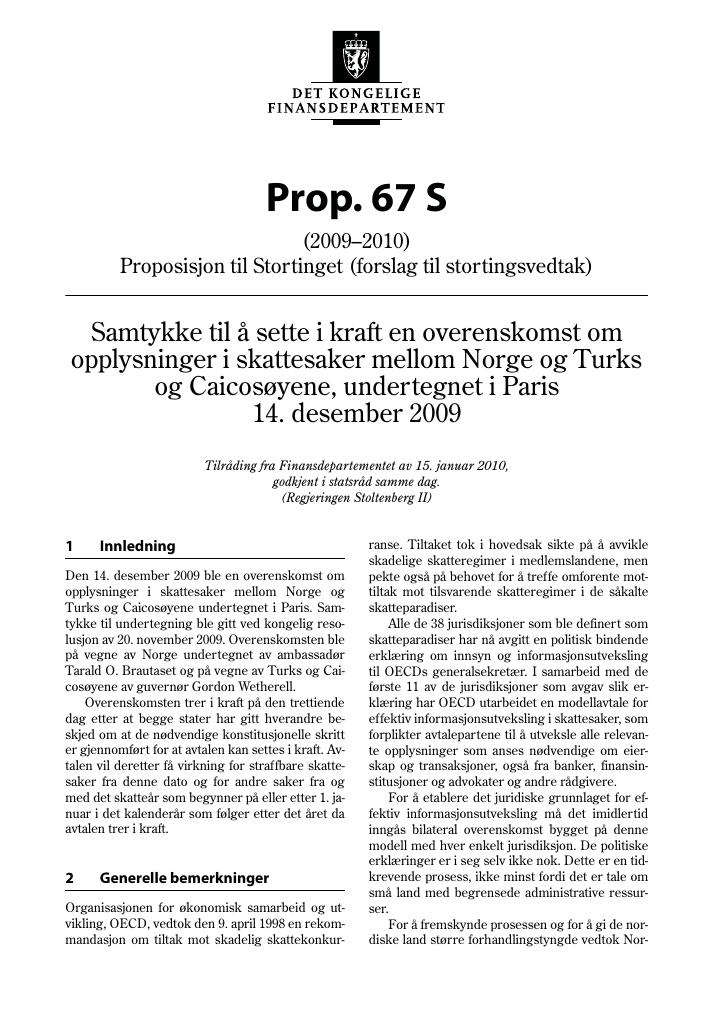Forsiden av dokumentet Prop. 67 S (2009–2010)