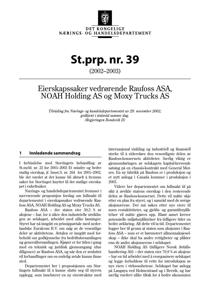 Forsiden av dokumentet St.prp. nr. 39 (2002-2003)