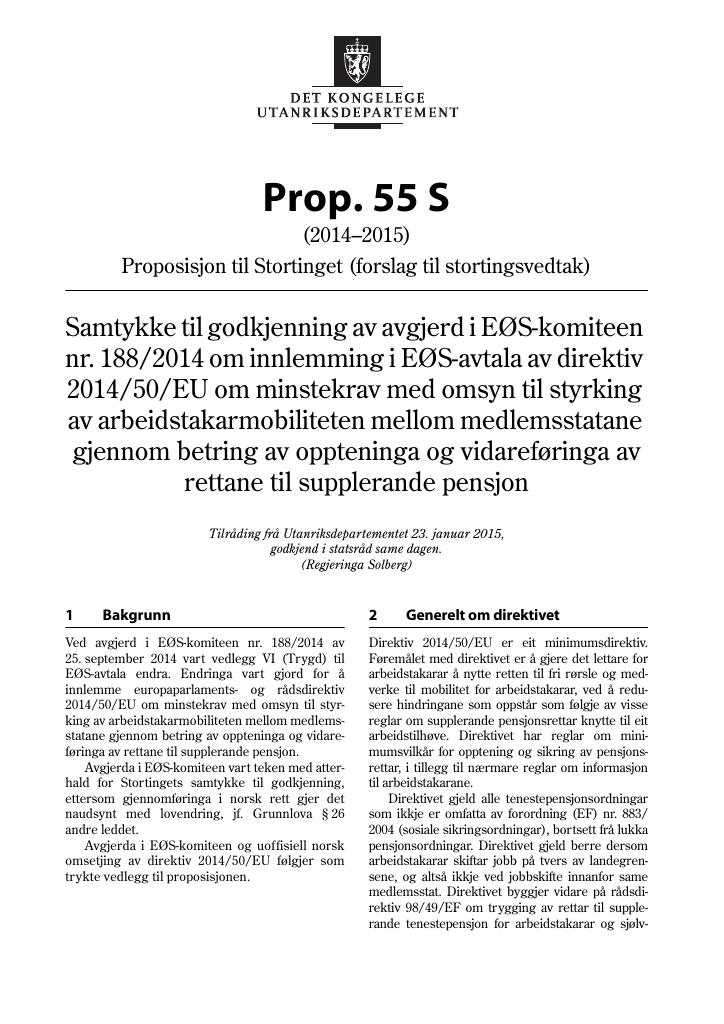 Forsiden av dokumentet Prop. 55 S (2014-2015)