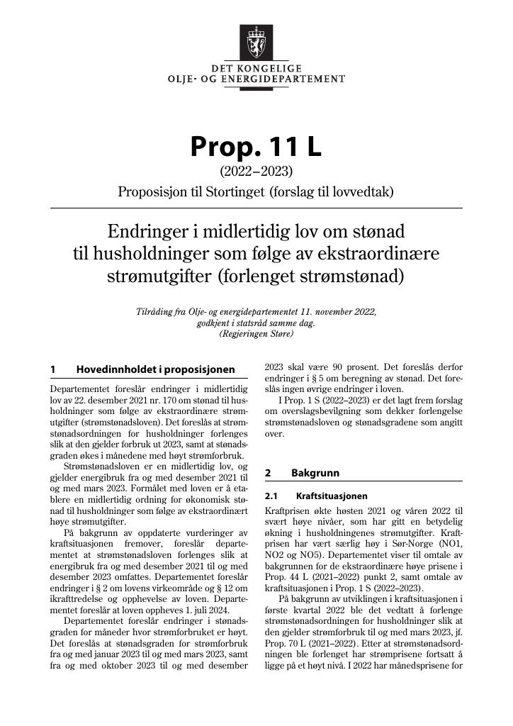 Forsiden av dokumentet Prop. 11 L (2022–2023)