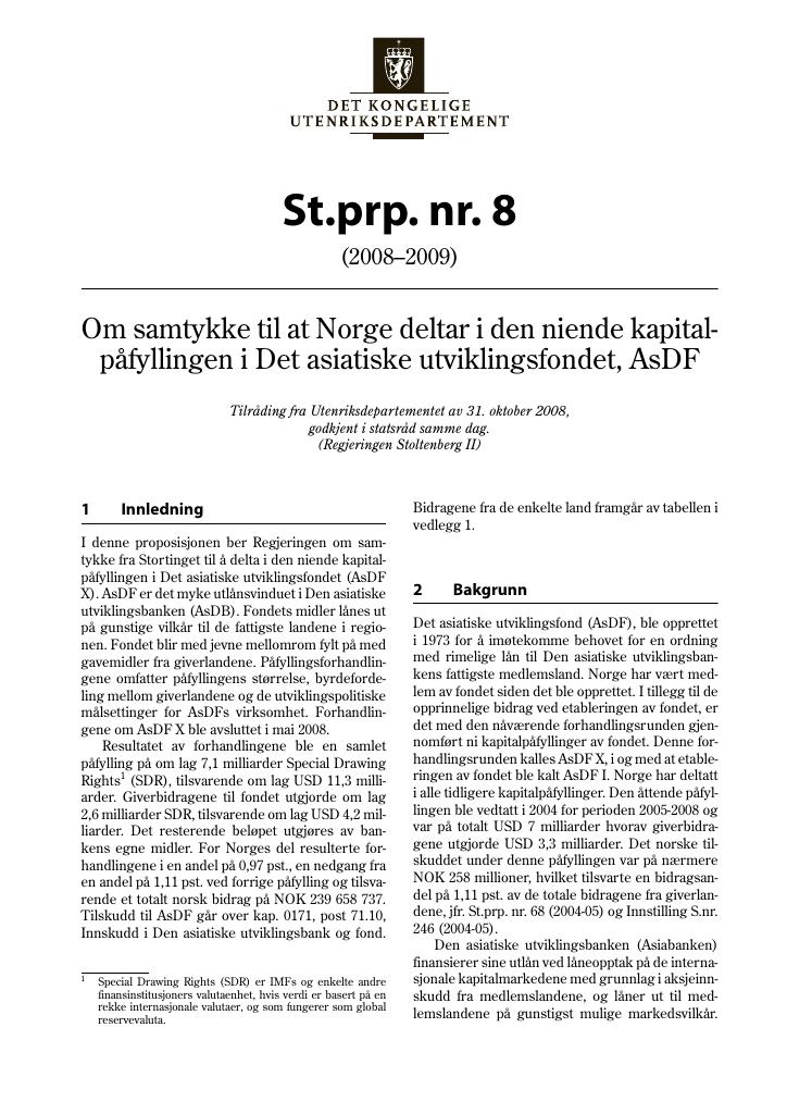 Forsiden av dokumentet St.prp. nr. 8 (2008-2009)