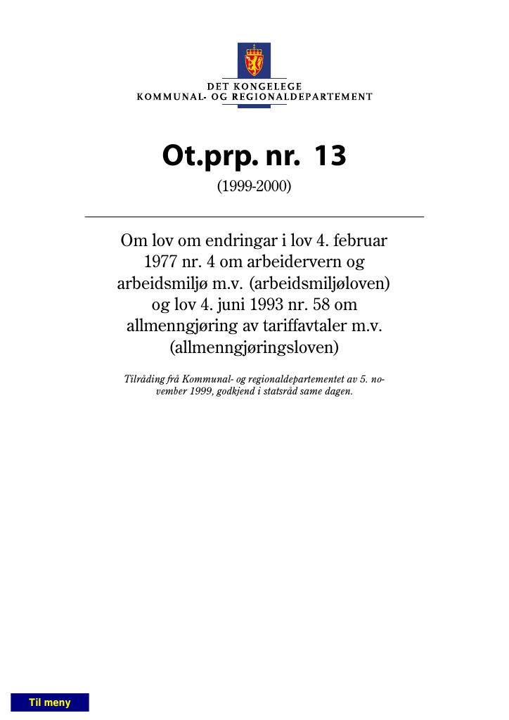 Forsiden av dokumentet Ot.prp. nr. 13 (1999-2000)
