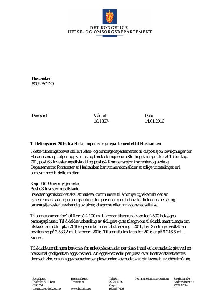 Forsiden av dokumentet Tildelingsbrev (pdf)