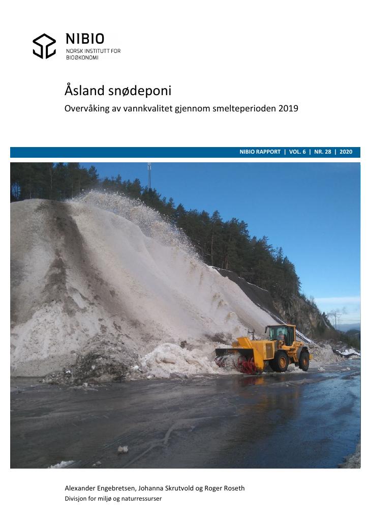 Forsiden av dokumentet Åsland snødeponi – Overvåking av vannkvalitet gjennom smelteperioden 2019
