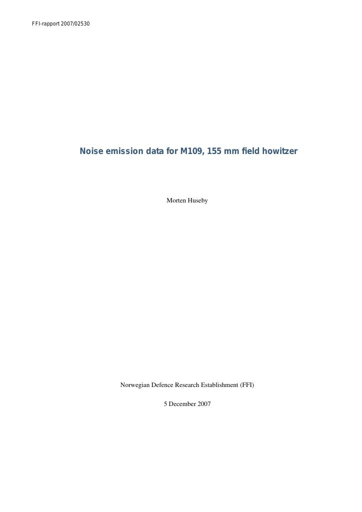 Forsiden av dokumentet Noise emission data for M109, 155 mm field howitzer