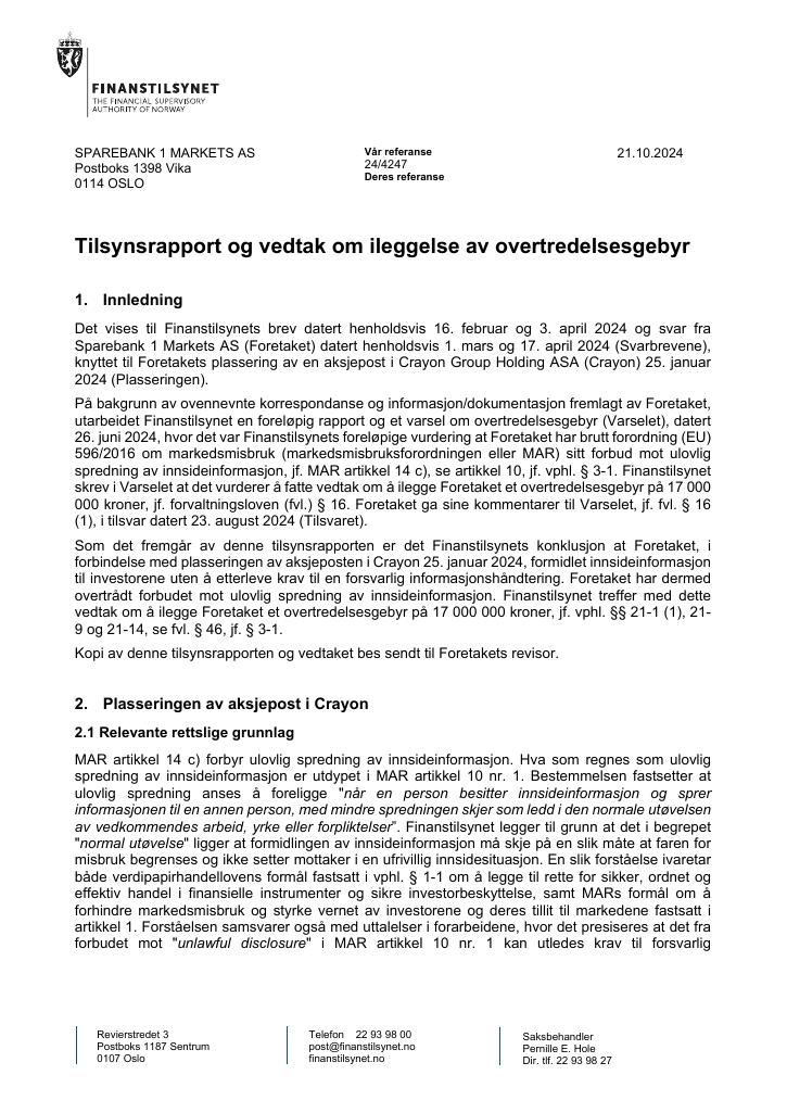 Forsiden av dokumentet Tilsynsrapport og vedtak om ileggelse av overtredelsesgebyr