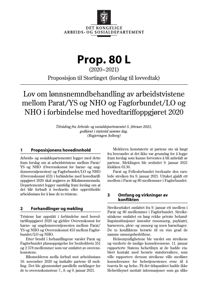 Forsiden av dokumentet Prop. 80 L (2020–2021)