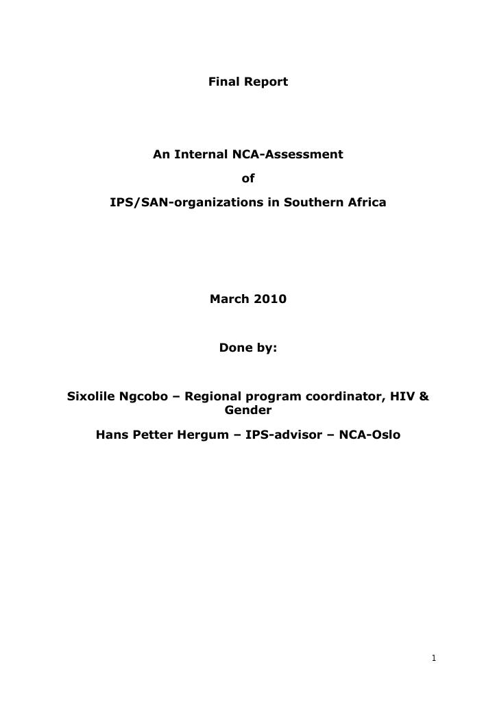 Forsiden av dokumentet An Internal NCA assessment of IPS/SAN organizations in Southern Africa