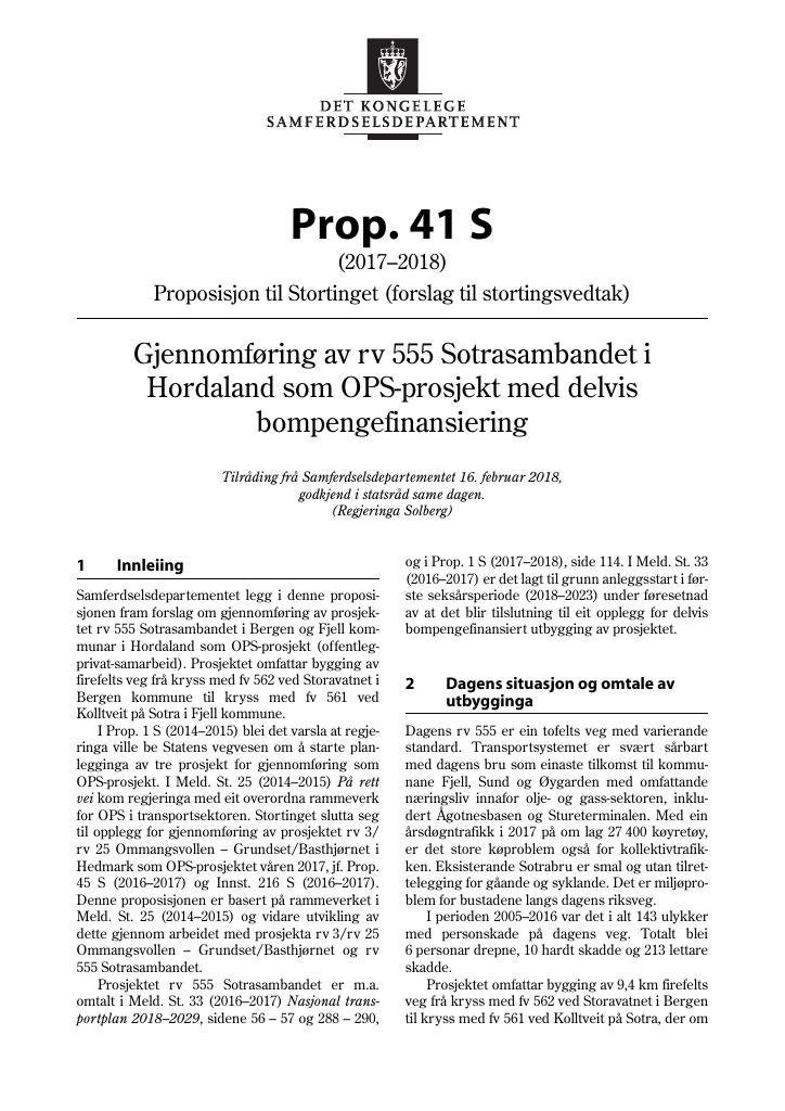 Forsiden av dokumentet Prop. 41 S (2017–2018)