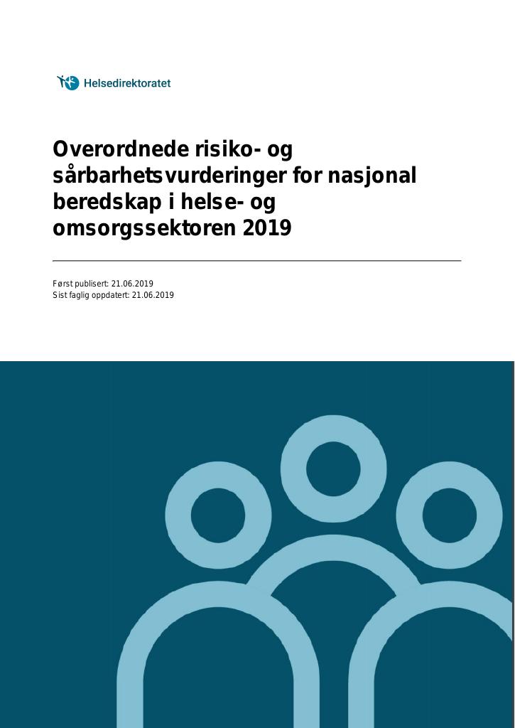 Forsiden av dokumentet Overordnede risiko- og sårbarhetsvurderinger for nasjonal beredskap i helse- og omsorgssektoren 2019