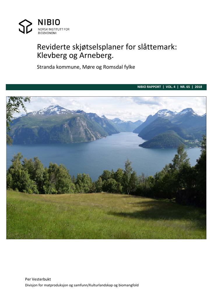 Forsiden av dokumentet Reviderte skjøtselsplaner for slåttemark: Klevberg og Arneberg. Stranda kommune, Møre og Romsdal fylke
