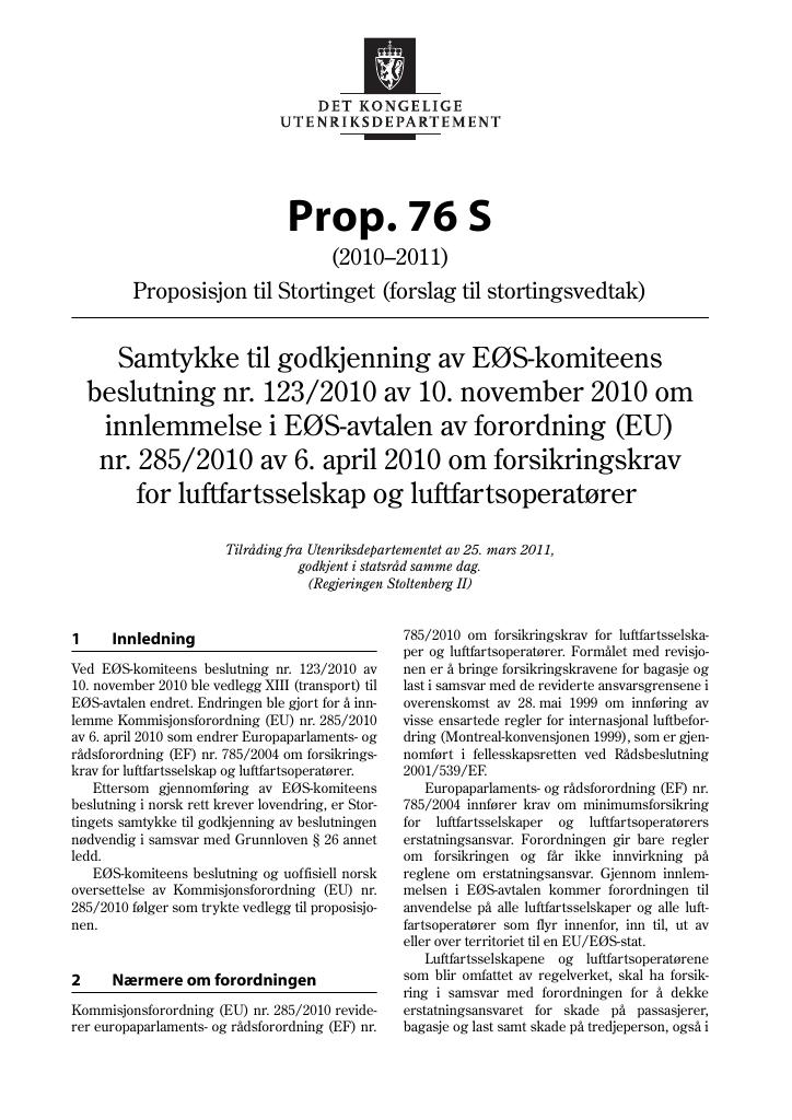 Forsiden av dokumentet Prop. 76 S (2010–2011)