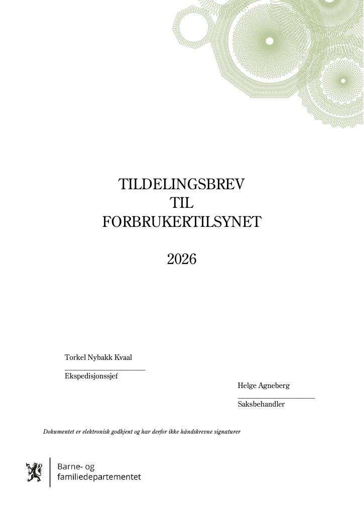 Forsiden av dokumentet Tildelingsbrev Forbrukertilsynet 2026