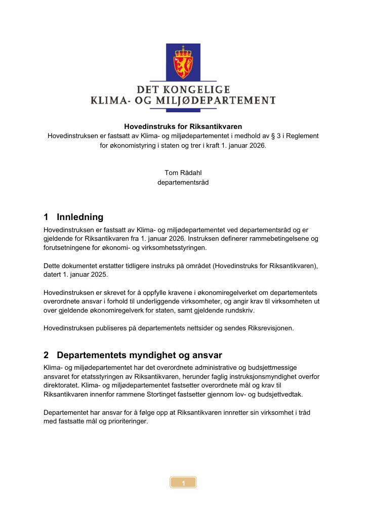 Forsiden av dokumentet Hovedinstruks Riksantikvaren