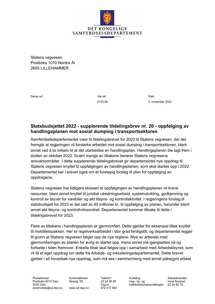 Forsiden av dokumentet Tildelingsbrev Statens vegvesen 2022 - tillegg nr. 20