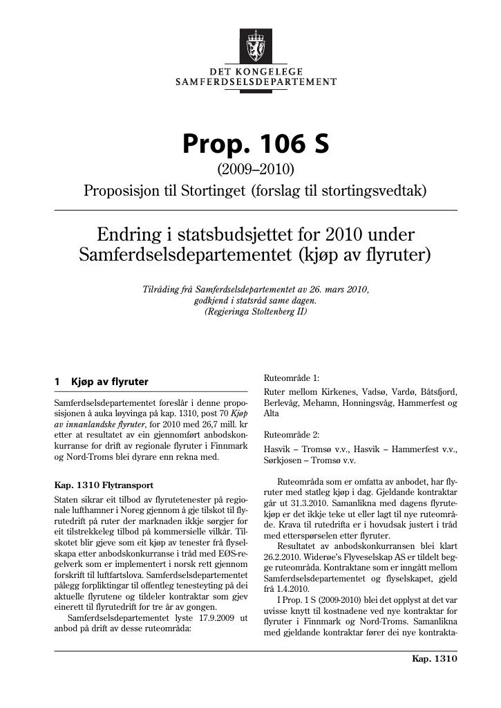 Forsiden av dokumentet Prop. 106 S (2009-2010)