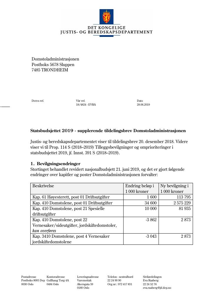 Forsiden av dokumentet Supplerende tildelingsbrev nr. 1 Domstoladministrasjonen 2019