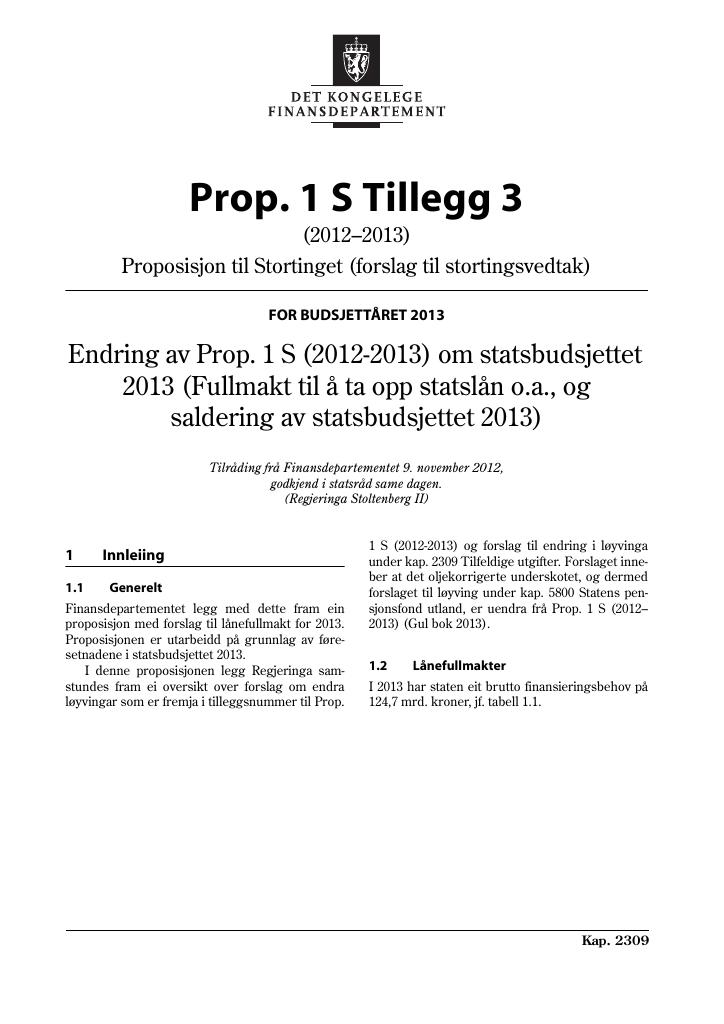 Forsiden av dokumentet Prop. 1 S Tillegg 3 (2012–2013)
