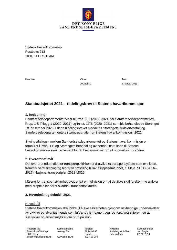 Forsiden av dokumentet Tildelingsbrev Statens havarikommisjon 2021