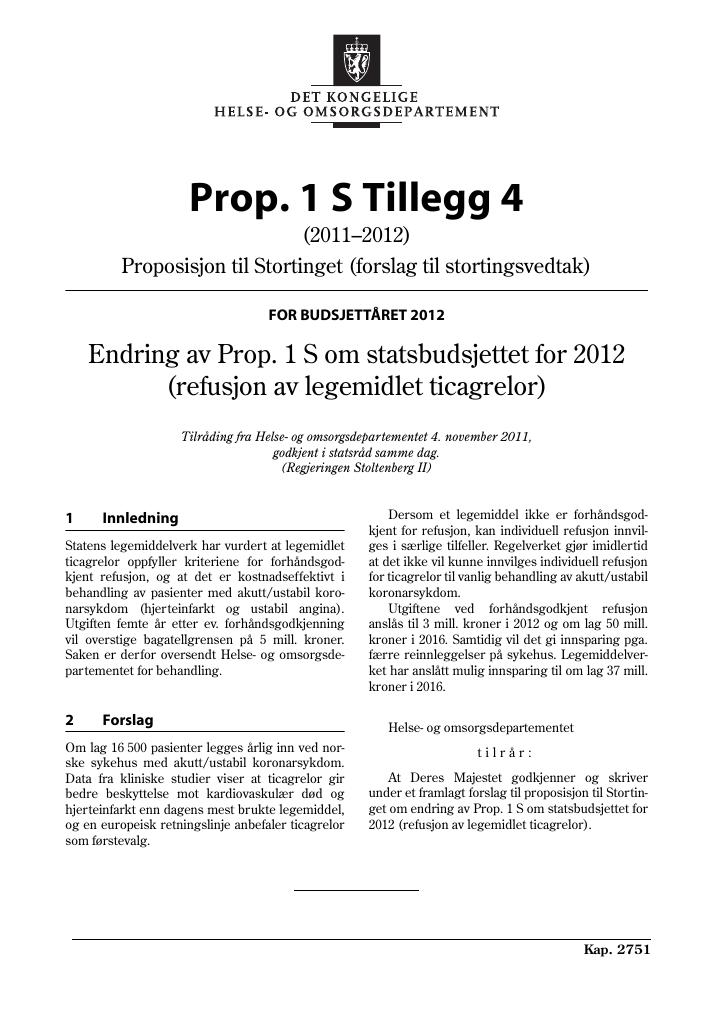 Forsiden av dokumentet Prop. 1 S Tillegg 4 (2011–2012)