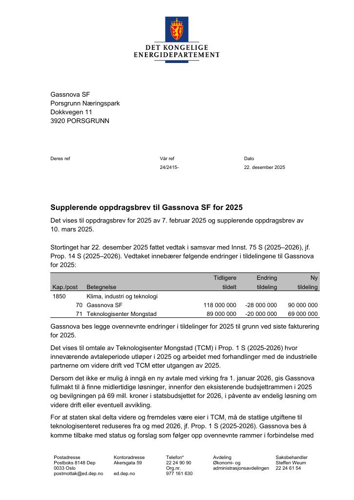 Forsiden av dokumentet Tildelingsbrev Gassnova SF 2025 - tillegg nr. 2