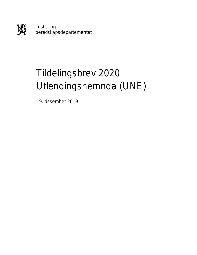 Forsiden av dokumentet Tildelingsbrev Utlendingsnemnda 2020