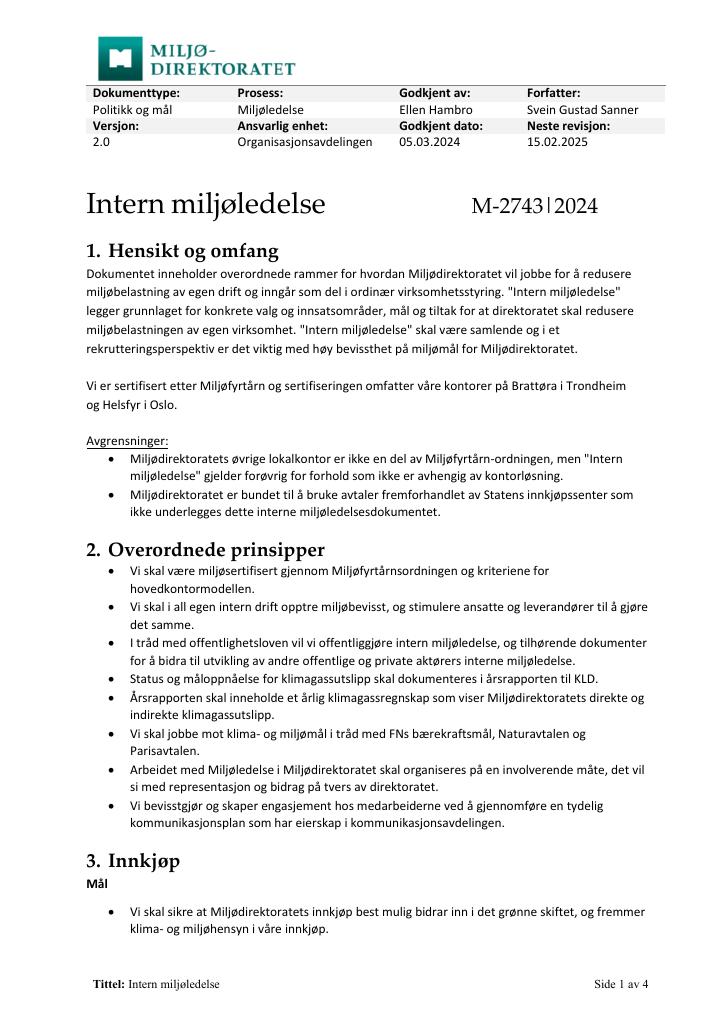 Forsiden av dokumentet Intern miljøledelse : M-2743