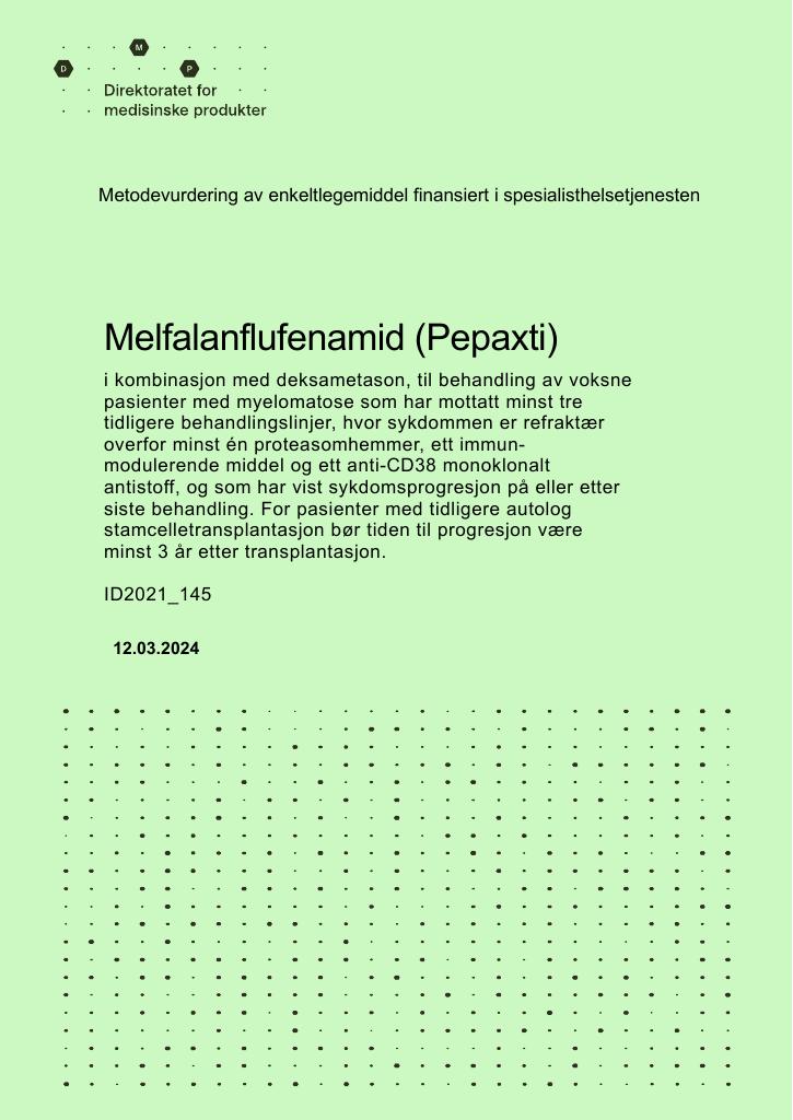 Forsiden av dokumentet Melfalanflufenamid (Pepaxti) i kombinasjon med deksametason, til behandling av voksne pasienter med myelomatose som har mottatt minst tre tidligere behandlingslinjer, hvor sykdommen er refraktær overfor minst én proteasomhemmer, ett immunmodulerende middel og ett anti-CD38 monoklonalt antistoff, og som har vist sykdomsprogresjon på eller etter siste behandling