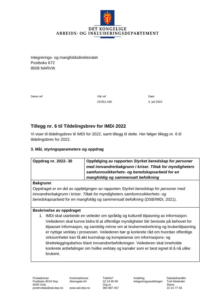 Forsiden av dokumentet Tildelingsbrev Integrerings- og mangfoldsdirektoratet (IMDi) 2022 - tillegg nr. 6