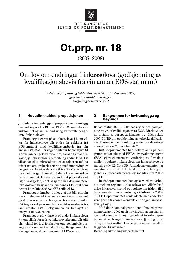 Forsiden av dokumentet Ot.prp. nr. 18 (2007-2008)