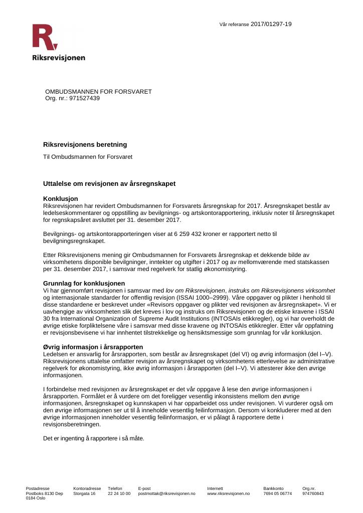 Forsiden av dokumentet Riksrevisjonens beretning for 2017 Ombudsmannen for Forsvaret
