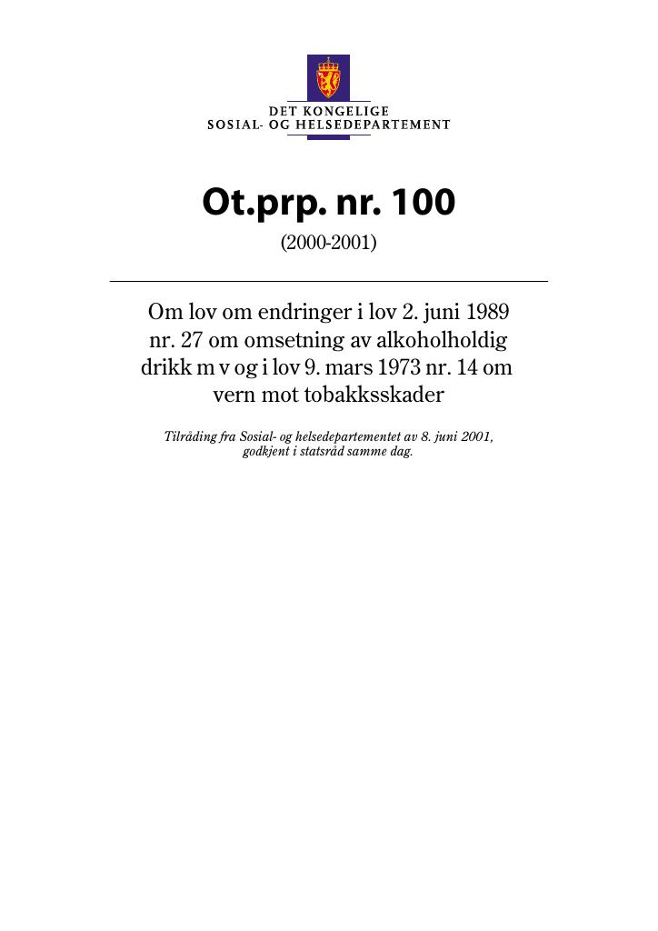 Forsiden av dokumentet Ot.prp. nr. 100 (2000-2001)