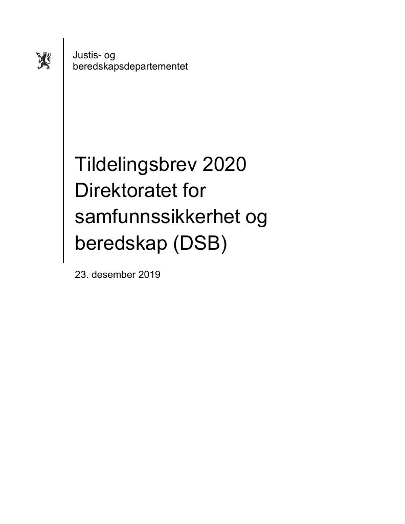 Forsiden av dokumentet Tildelingsbrev DSB 2020