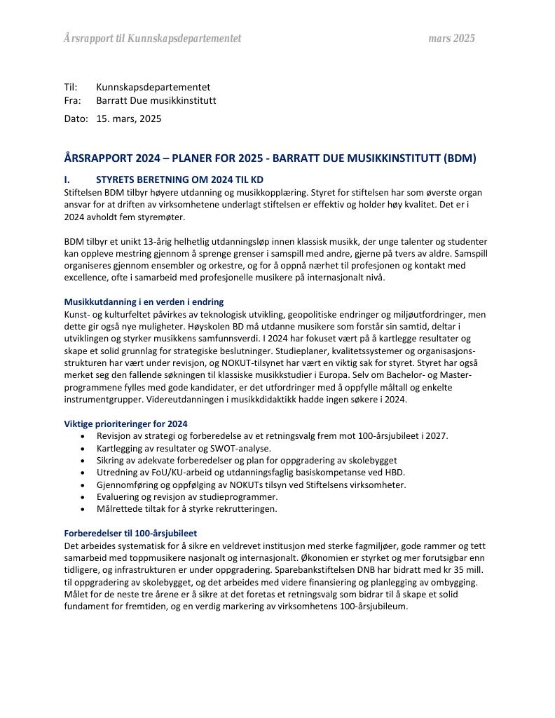 Forsiden av dokumentet Årsrapport Barratt Due Musikkinstitutt 2024