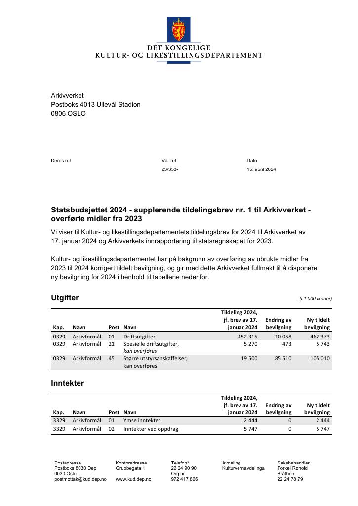 Forsiden av dokumentet Tildelingsbrev Arkivverket 2024 - tillegg nr. 1