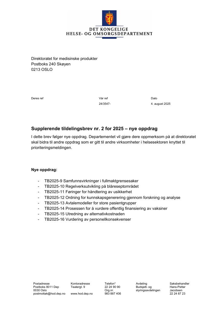 Forsiden av dokumentet Tildelingsbrev Direktoratet for medisinske produkter 2025 - tillegg nr. 2