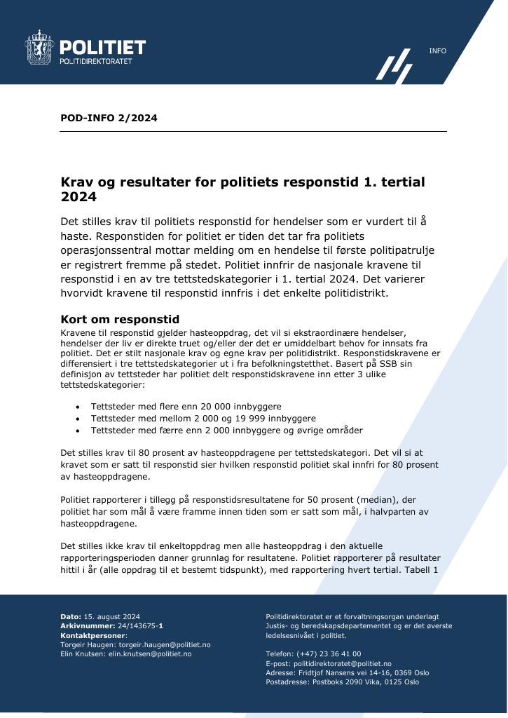 Forsiden av dokumentet Krav og resultater for politiets responstid 1. tertial 2024