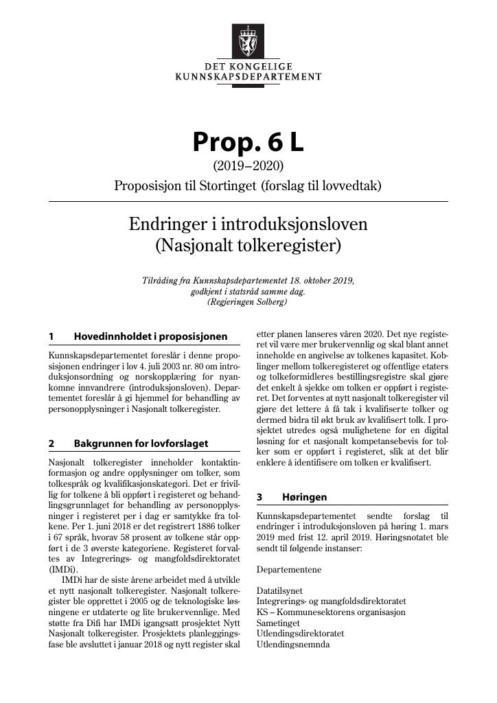 Forsiden av dokumentet Prop. 6 L (2019–2020)