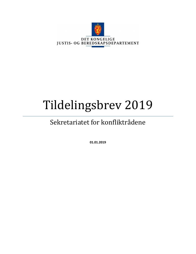 Forsiden av dokumentet Tildelingsbrev Sekretariatet for konfliktrådene 2019